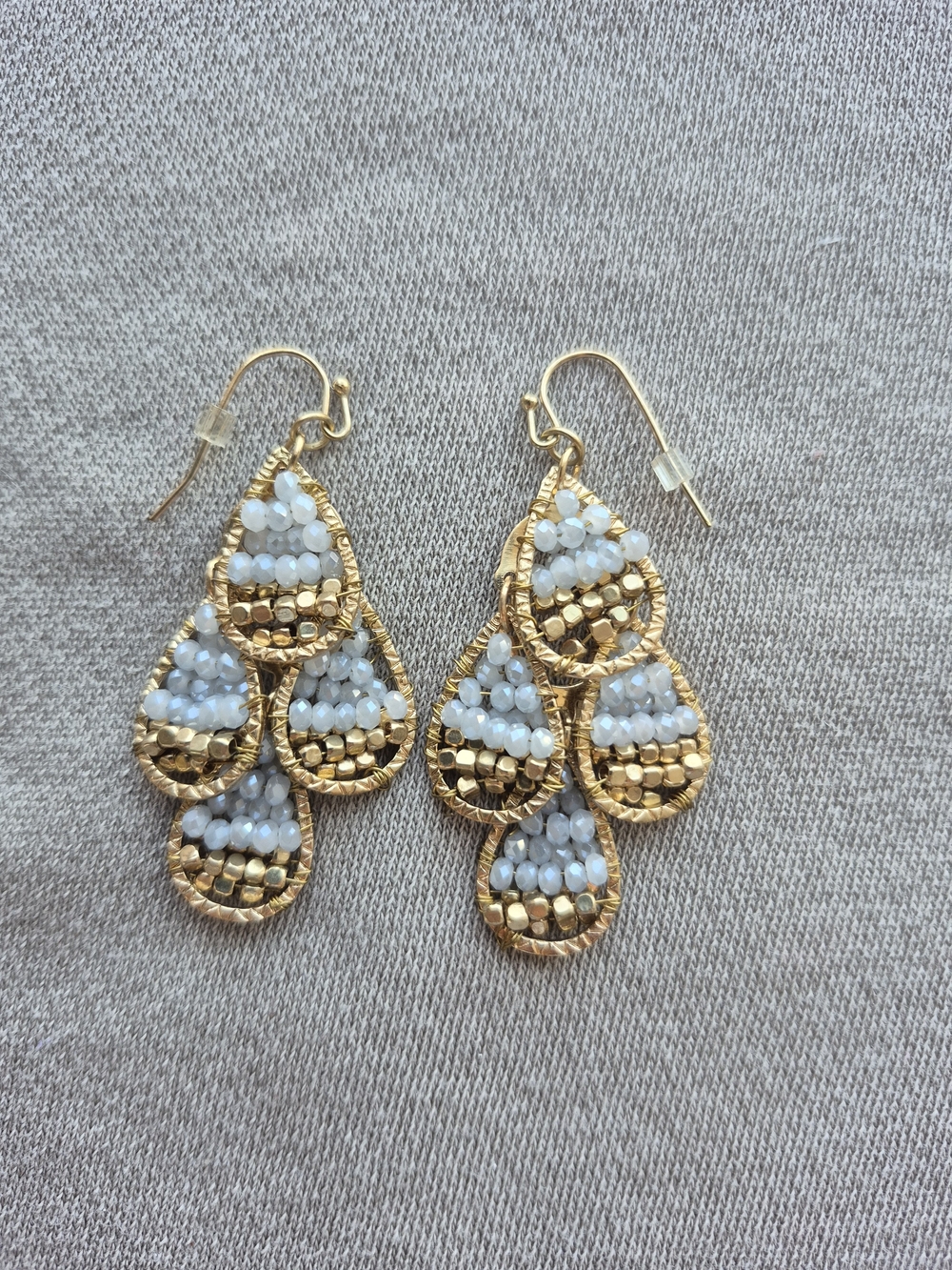 Gold and White Beaded Teardrop Dangle Earrings - Women Jewelry